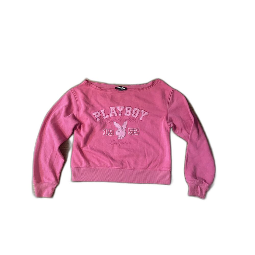 Playboy Pink Off Shoulder Sweater Graphic Bunny Logo Y2K McBling Women's Size S